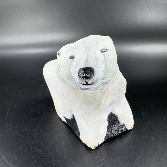 Hand Painted Folk Art Stone Paperweight Figurine Polar Bear Heavy Signed Lejman - Picture 13 of 15